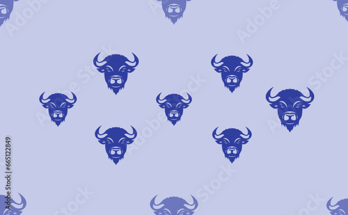 Seamless pattern of large isolated blue buffalo logos. The pattern is divided by a line of elements of lighter tones. Vector illustration on light blue background