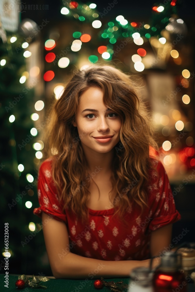 A woman sitting at a table with a christmas tree in the background. Generative AI. A woman sitting at a table with a christmas tree in the background. Generative AI.