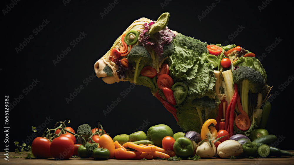 a cow in profile with all kinds of vegetables drawn all over her body