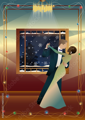 Party. A couple dances in front of a winter window. Holiday. Concept for holiday, winter holidays, New Year, Christmas, creativity and advertising