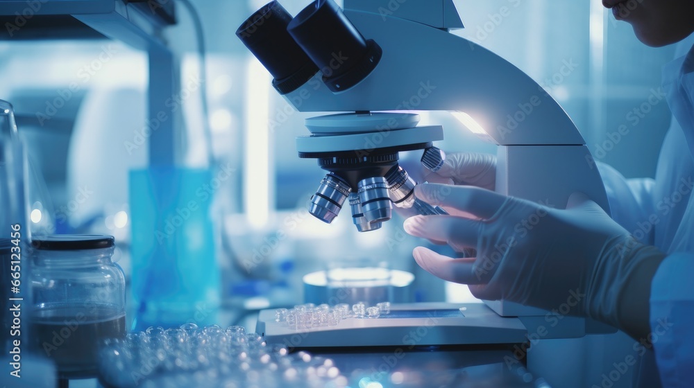 A scientist conducts a research under a microscope. A chemical experiment. The development of biotechnology