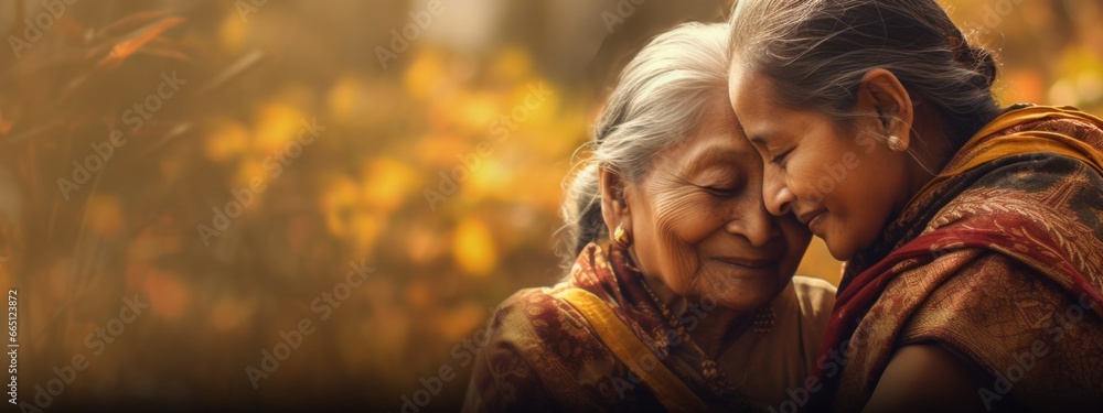 Mother and mature daughter. An older woman is hugging a younger woman. Generative AI.