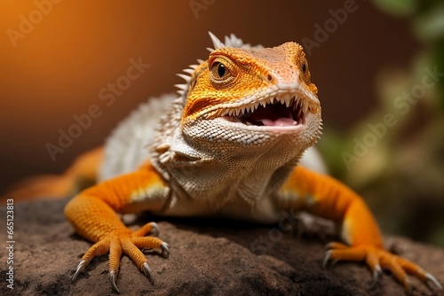 A dragon lizard with a spiny back and a beard, sitting on a rock and looking at the camera, with a blurry green background.