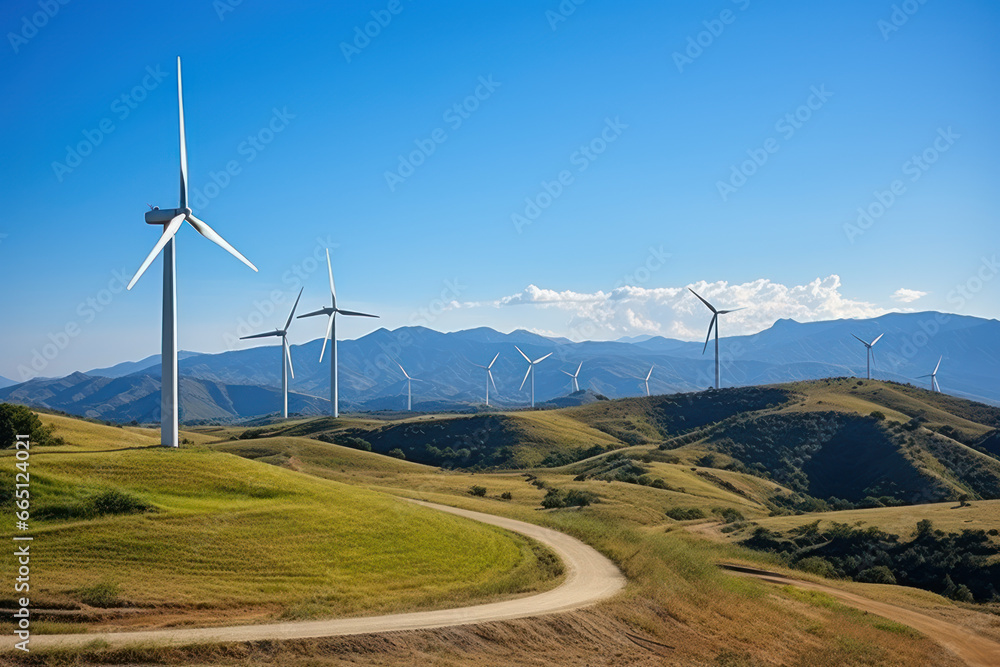 Wind turbines in a mountainous area, alternative energy sources in the mountains, green eco energy