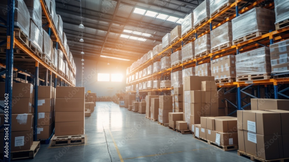 Modern warehouse filled with various boxes, cargo and materials Modern warehouse filled with various boxes, cargo and materials