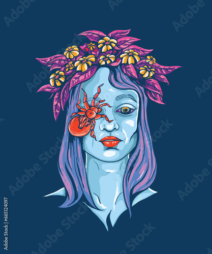 portrait of the girl with flowers and a spider