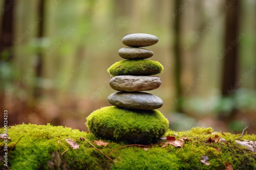 Pyramid stones balance on old mossy fallen tree. Pyramid stones balance on old mossy fallen tree.