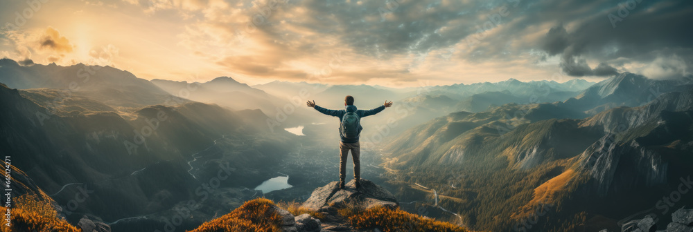 Traveler standing on top of a mountain with hands raised up , mission success and goal achieved, active tourism and mountain travel - obrazy, fototapety, plakaty 