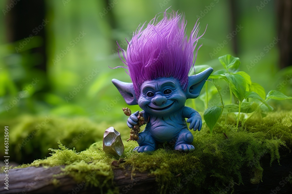Tale troll with crystals in the forest, natural green background.