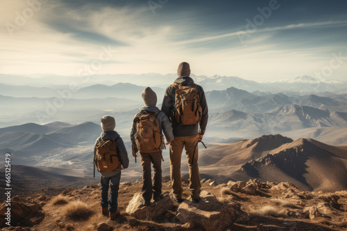 A family of travelers standing on top of a mountain , goal achieved, active tourism and mountain travel