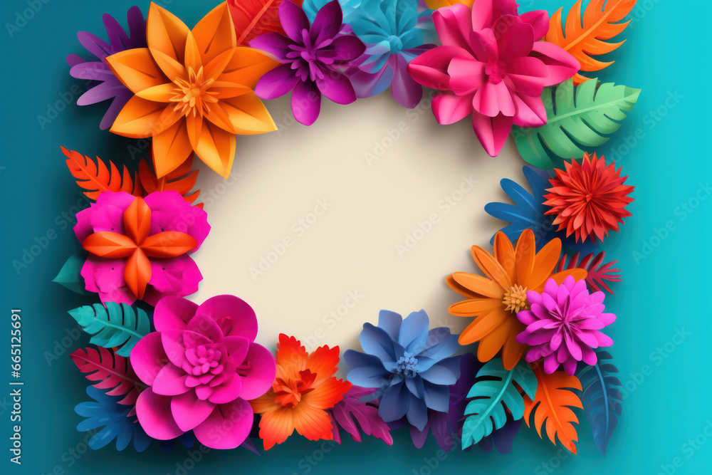Obraz premium Paper cut flowers and leaves surround empty copy space. Background for publications and presentations.