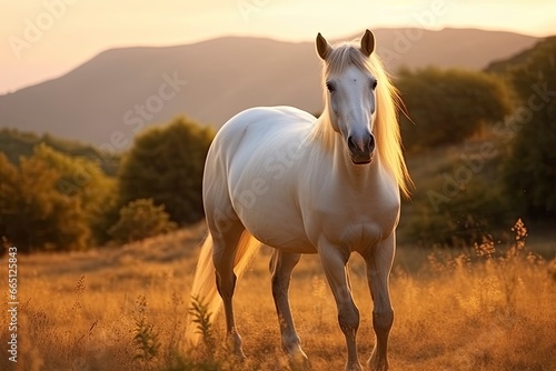 White horse or mare in the mountains at sunset.