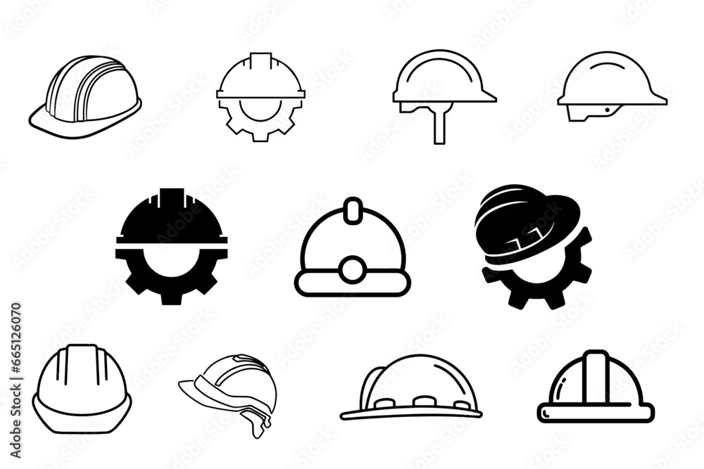 Construction helmet icons set. Construction, labor and engineering symbols. Construction helmet on the gear, Helmet and gear flat or line icon collection  - obrazy, fototapety, plakaty 