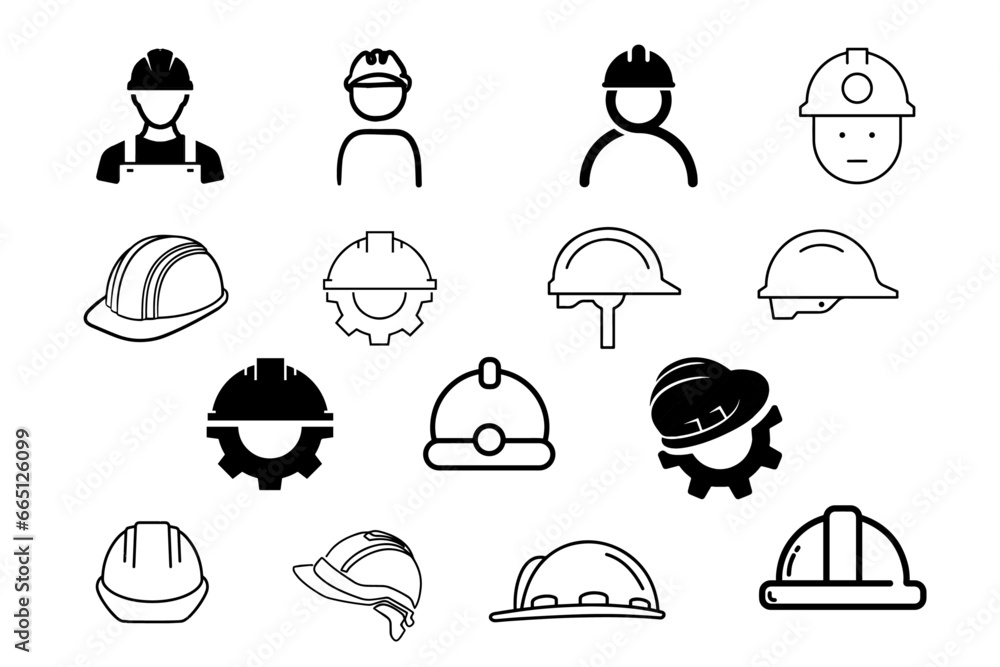 Construction icons set. Construction, labor and engineering symbols. Construction helmet on the gear, Helmet and gear flat or line icon collection Construction icons set. Construction, labor and engineering symbols. Construction helmet on the gear, Helmet and gear flat or line icon collection