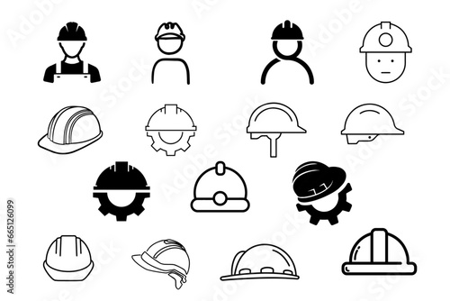 Construction icons set. Construction, labor and engineering symbols. Construction helmet on the gear, Helmet and gear flat or line icon collection