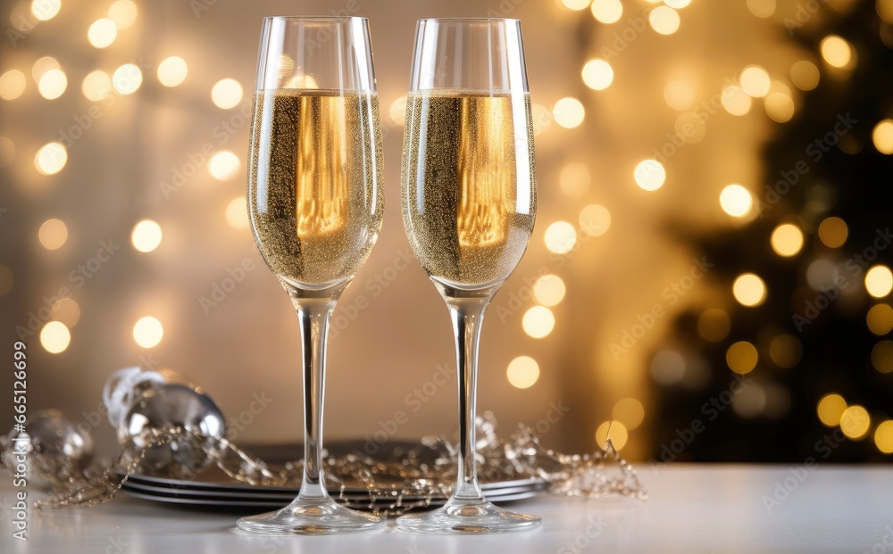 Glasses with champagne on the background of Christmas decorations. Glasses with champagne on the background of Christmas decorations.
