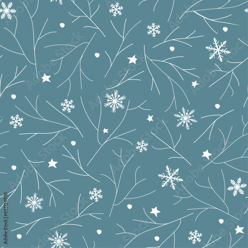 Seamless pattern with winter frosty ornament. Snowflakes of different shapes, against the background of white tree branches. Abstract vector graphics.