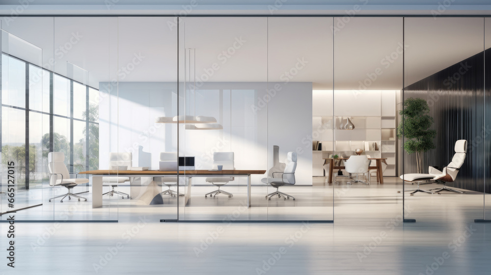 Modern and stylish office with transparent glass walls. Professional working environment, interior design, where aesthetics are combined with functionality, contributing to productivity and comfort  - obrazy, fototapety, plakaty 