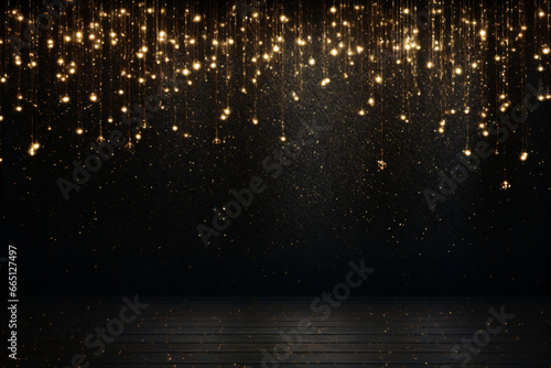 Dark stage with yellow hanging lights arranged in a random pattern and a wooden floor visible in the foreground taken from a low angle looking up.