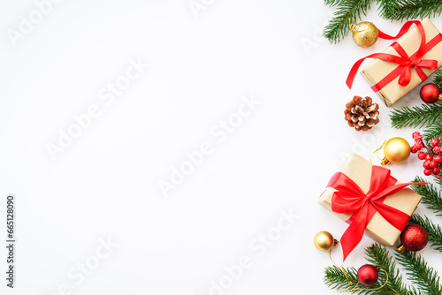 Christmas background. Present box and christmas decorations.