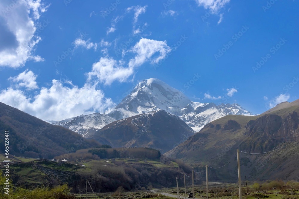 A scenic view of Mount Kazbek from Gergeti, Georgia