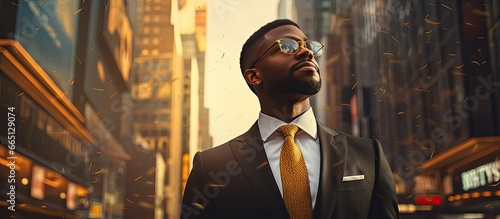 Afro Aferican bussinessman in a suit in a city.  photo