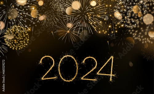 2024 greeting card with gold fireworks and sparkling numbers