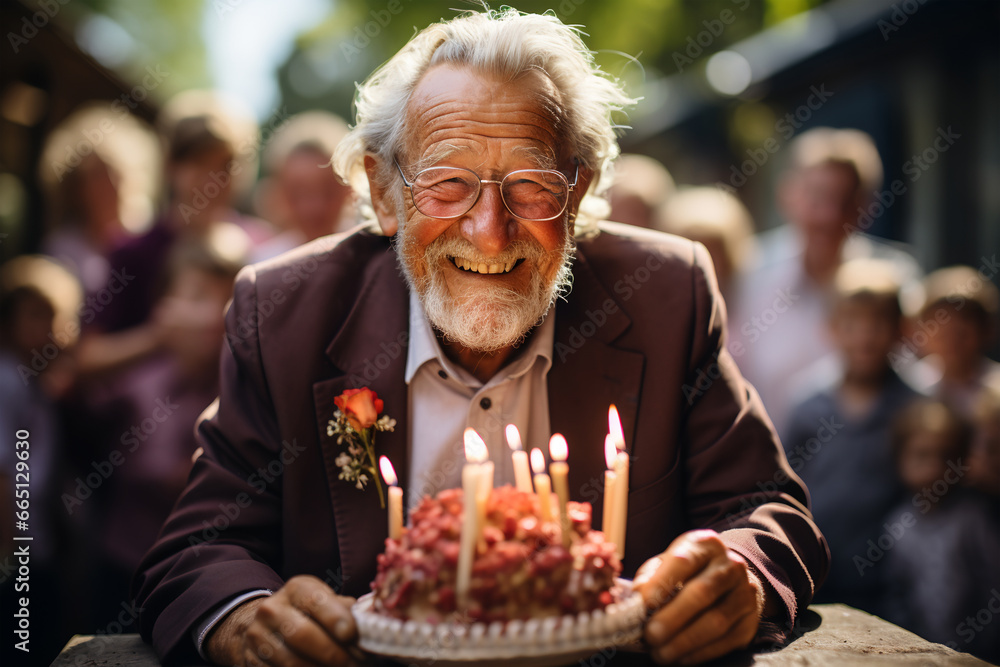 Elderly man with a birthday cake on the background of people. ia generated Elderly man with a birthday cake on the background of people. ia generated