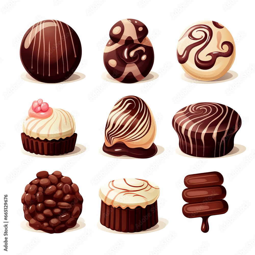Glazed candies on a white background. Chocolate candies set. Illustration of chocolate candies.