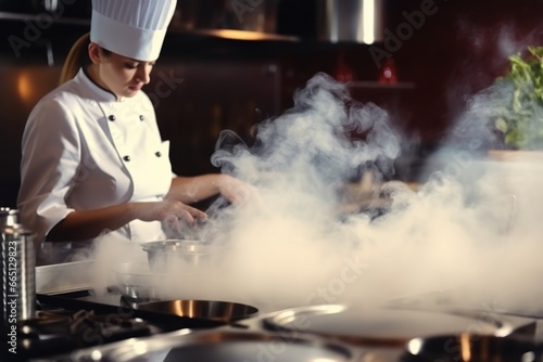 Master chef cook woman hands precisely cooking dressing preparing tasty fresh delicious mouthwatering gourmet dish food on plate to customers 5-star michelin restaurant kitchen detailed artwork © Yuliia
