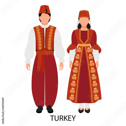 A man and a woman in Turkish folk costumes. Culture and traditions of Turkey. Illustration, vector