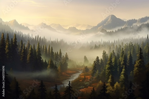 Realistic image of misty morning mountains and forest. Generative AI photo