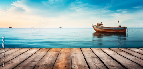 Empty rustic old wooden boards table copy space with calm lake or sea bay with boat in background. Fishing product display template. Generative AI
