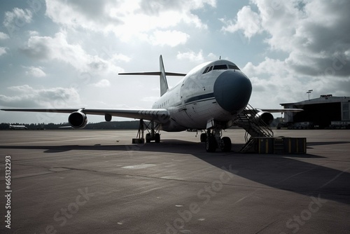 A cargo airplane parked on an airport tarmac. Generative AI
