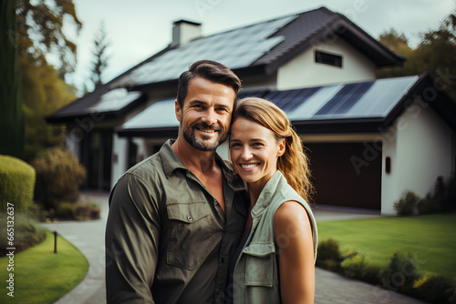 A happy couple stands smiling in the driveway of a large house with solar panels installed.