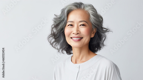 Beautiful well-groomed mature Asian woman with short hair on white background