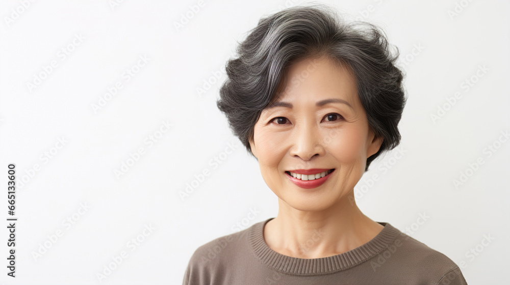 Beautiful well-groomed mature Asian woman with short hair on white background Beautiful well-groomed mature Asian woman with short hair on white background