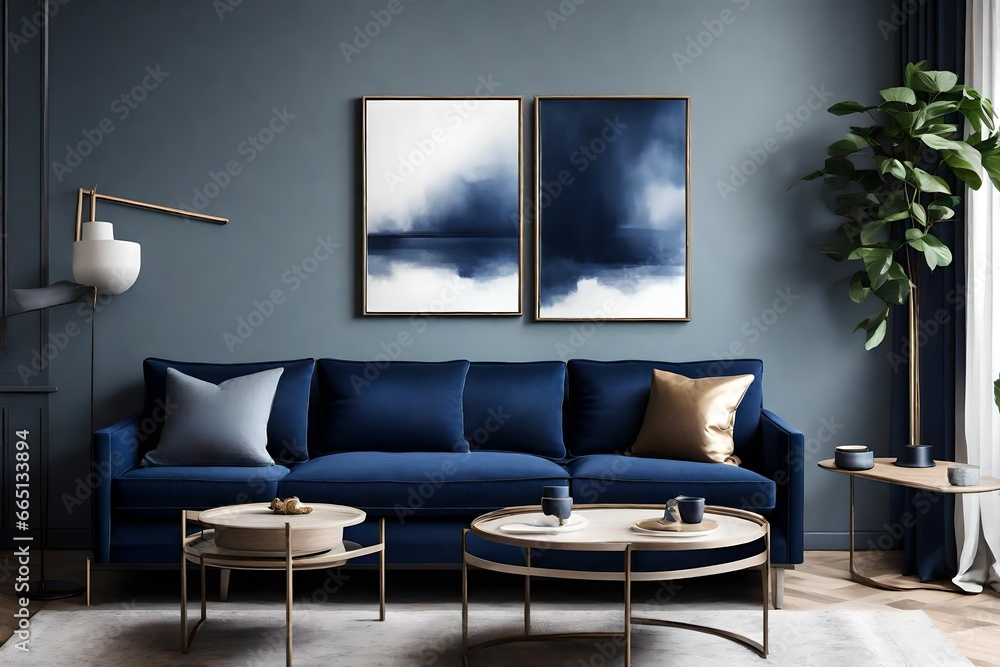 Obraz premium A Canvas Frame for a mockup in a modern living room where contemporary meets comfort, spotlighting the plush cushions and deep hue of the dark blue sofa