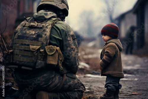 A soldier kneeling in front of a child, war in the modern world.