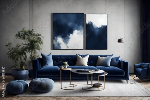 A Canvas Frame for a mockup in a modern living room where contemporary meets comfort, spotlighting the plush cushions and deep hue of the dark blue sofa © Sajida