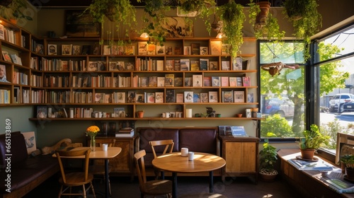 A boutique cafe with a cozy corner for reading, plants, and locally sourced art.