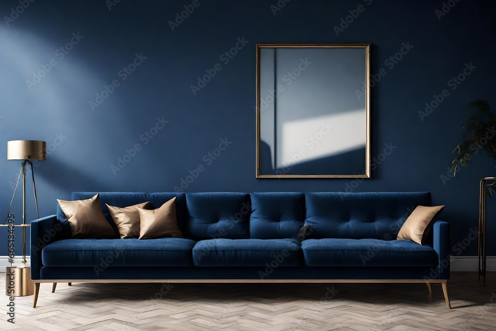 A Canvas Frame for a mockup set in a modern living room flooded with natural light, casting dynamic shadows on the elegant dark blue sofa below A Canvas Frame for a mockup set in a modern living room flooded with natural light, casting dynamic shadows on the elegant dark blue sofa below