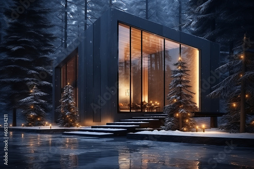 A stylish modern minimalist house against the background of a winter natural landscape, decorated with Christmas lights. Merry Christmas. Happy holidays