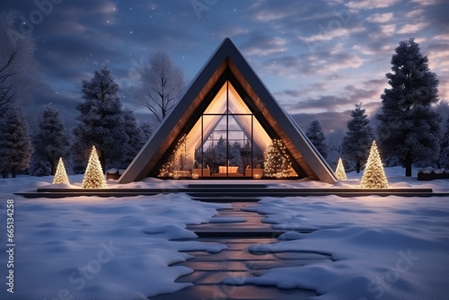 A stylish modern minimalist house against the background of a winter natural landscape, decorated with Christmas lights. Merry Christmas. Happy holidays