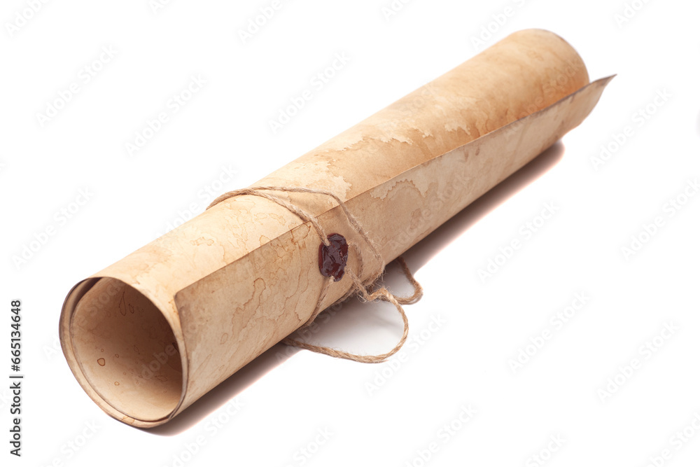Scroll of vintage paper with sealing wax isolated on white