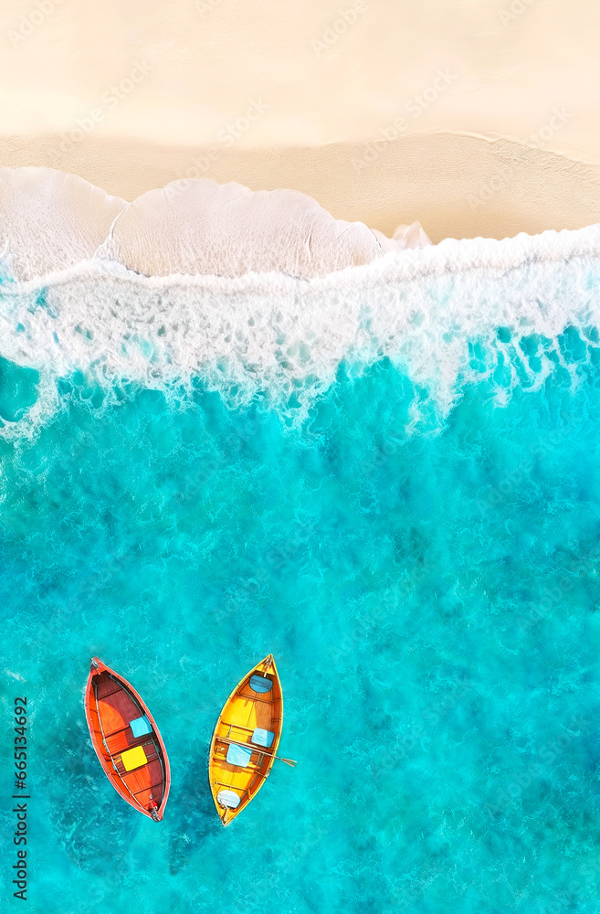 Fototapeta premium Aerial View of Sandy Tropical Beach and Ocean with Red and Yellow Boats Floating on Turquoise Water. Summer Poster Background.