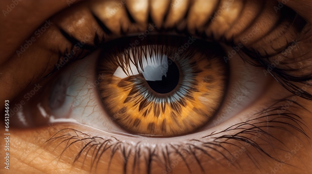 A stunningly detailed close-up of a female's eye, every aspect radiates beauty and depth: the rich, warm hues of the iris, the delicate lashes framing the eye, and the subtle glimmer of light reflecti