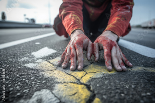 Close up of climate activist hands glued herself to the asphalt, blocking the highway