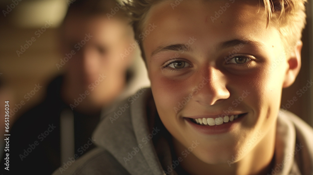 Young, smiling Caucasian boy radiates joy in a lively room. Young, smiling Caucasian boy radiates joy in a lively room.