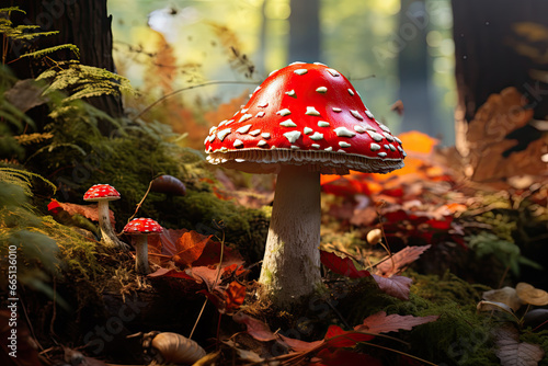 Pilzzeit - ein roter Fliegenpilz im malerischen Herbstwald, Generative AI